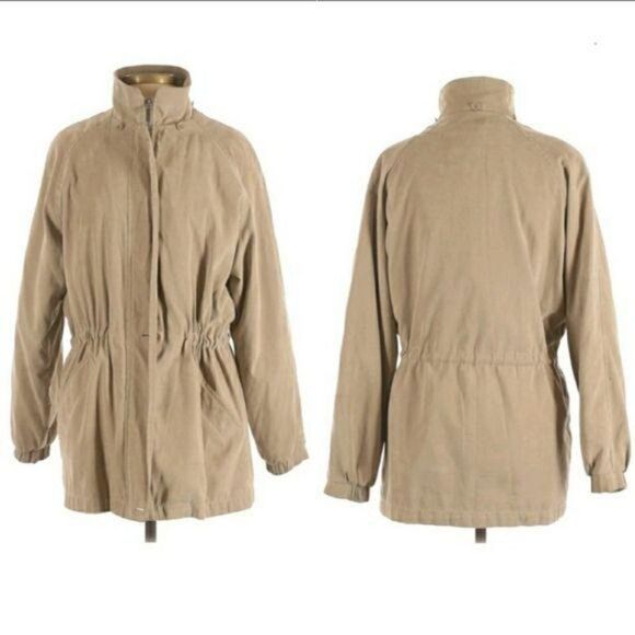 London Fog Coat Insulated Lined Zip Up Mock Neck Drawstring Waist Tan Sz S - Picture 13 of 13
